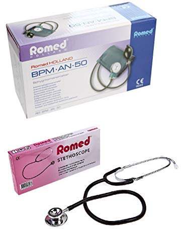 Romed Blutdruckmessgerät Aneroid + Stethoskop (Blutdruckmessgerät + Doppelkopf-Stethoskop Schwarz)