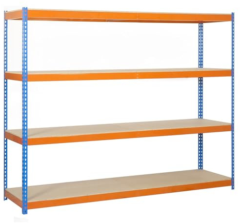 Simon Rack Étagère Charge Lourde 2000x1800x600, 4 Niveaux en Bois, 400 kg par Niveau, Structure Acier, Bleu/Orange/Bois - Ecoforte
