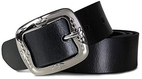 ROYALZ Vintage Ledergürtel für Damen aus Büffel-Leder 38mm breit Jeans-Gürtel Damen kürzbar Voll-Leder, Größe:Bundweite 85 cm = Gesamtlänge 100 cm, Farbe:Schwarz - Schnalle Floral glänzend