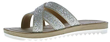 Scandi Damen Pantoletten Sandaletten gekreuzte Riemchen Glitzer Latschen Glanzeffekt Soft-Fußbett Silber-Weiß Größe 39