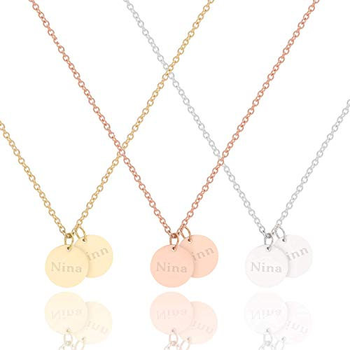 NOVA – Personalisierte Kette mit Gravur | 2x 10mm Anhänger für Namen | Geschenk für Geburtstag, Muttertag, Jahrestag | Edelstahl Silber, 18K vergoldet & rosévergoldet | Damen Schmuck