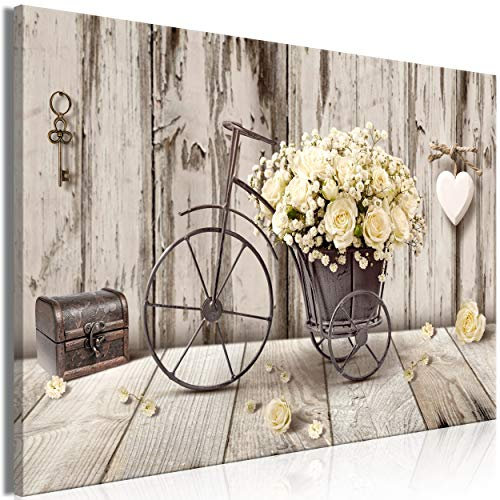 decomonkey Bilder Blumen Vintage 120x80 cm 1 Teilig Leinwandbilder Bild auf Leinwand Vlies Wandbild Kunstdruck Wanddeko Wand Wohnzimmer Wanddekoration Deko Holz Fahrrad Retro