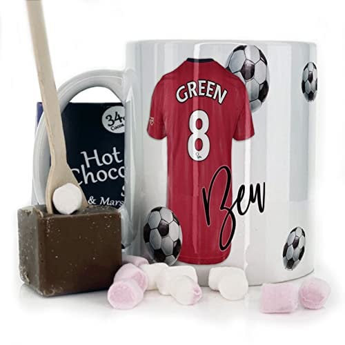 Personalised Mug and Belgian Milk Chocolate/Hot Chocolate Stirrer Marshmallow Gift Set, Customised with Name / Number / Text, (11oz) White, Blue, Black, Pink Mug with Red and Black Football Shirt