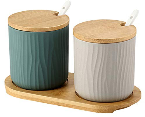 OnePine Set di 2 Zuccheriera, Zuccheriera in Ceramica Rotonda con Coperchio e Cucchiaio, Design Elegante, per Casa e Cucina