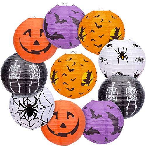 Qpout 10 pièces Lanternes en Papier d'halloween, Lanterne en Papier à Suspendre Citrouille d'halloween, Lanterne Squelette de Chauve-Souris araignée Citrouille Jack-o-Lantern