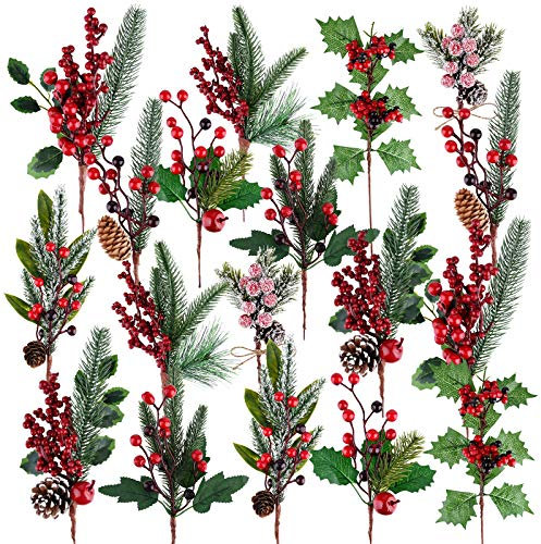 MIAHART 18 Pcs Christmas Picks Artificial Pine Branches Red Berry Stems Pine Picks Spray with Pine Cone Apples Holly Leaves for Craft Floral Wreath Picks Christmas Tree Picks Winter Decorations