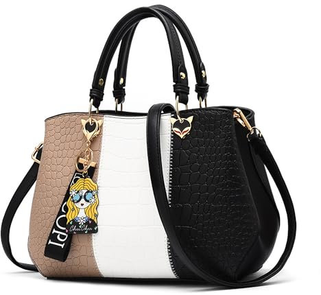 DIRRONA Damen Handtasche – PU Leder Handtasche mit Farbblock-Design und elegantem Anhänger, stilvolle Schultertasche & Umhängetasche – perfekt für Arbeit, Reisen und Freizeit Klassisches Schwarz