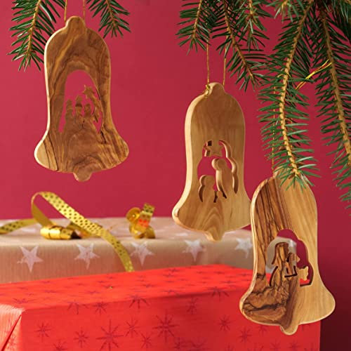 KASSIS Geschenkartikel Olivenholz Weihnachtsdeko Baumschmuck 3er Set Krippe Anhänger Heilige Familie Hirte und DREI Könige mit Rinde handgemacht in Bethlehem 11,5 cm (Glocke ohne Rinde)
