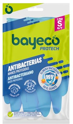 Bayeco - Wiederverwendbare Protect Antibakterielle Handschuhe - Extra Schutz für die Reinigung Ihres Badezimmers - Blau - Innenseite beflockt für weniger Schwitzen und mehr Komfort - 1 Paar - Größe S