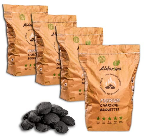 Alderline Premium Charcoal Briquettes (16kg) - Perfect for slow BBQ sessions - Ready in 15 Minutes, Pillow-Shaped, Up to 300°C, 4+ Hour Burn Time - 100% Natural, Sustainable Charcoal for Grilling