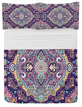 ABAKUHAUS Ethnisch Mikrofaser Tagesdecken Set, Boho Bunte, weiches Bettwäscheset mit Kissenbezügen und Steppdecke, 220 cm x 220 cm, Aubergine