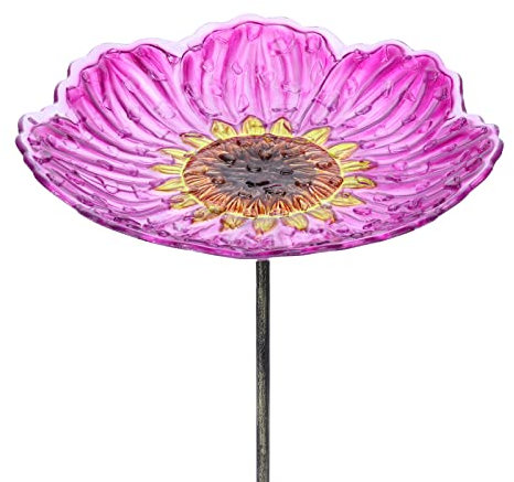 MUMTOP Glass Bird Baths for Outdoors, 12 Inch Bird Bath Bowl with Metal Stake Sunflower Bird Feeders for Garden and Patio Decor