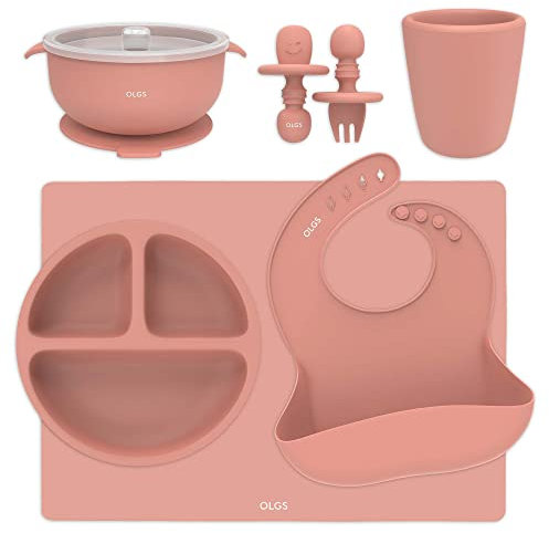 OLGS Silikon Kindergeschirr 6er Set für Baby & Kind | Kinder Geschirr, Teller, Becher, Tischset | Lätzchen, Schüssel mit Saugnapf, Kinderbesteck PREMIUM BPA Frei Rosa | Geschirrset ab 6 Monate (Muted)