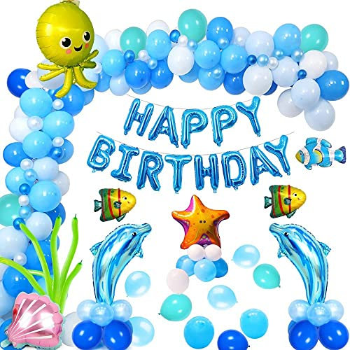 Geburtstagsdeko Meer Junge, Meerestiere Geburtstag Deko Kinder mit Luftballons Blau Happy Birthday Ballons Banner Tintenfisch Delfin Fisch Folienballon, Marine Kindergeburtstag Party Deko