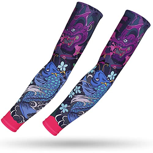DETUCK Tattoo Ärmel Ärmlinge Arm Ärmel, Armwärmer Sleeves UV Sonnenschutz Armstulpen, Arm Sleeves Kühlung UPF 50+, Kompressions Tattoo Cover Armstulpen (ein Paar) (Blauer Karpfen, L)