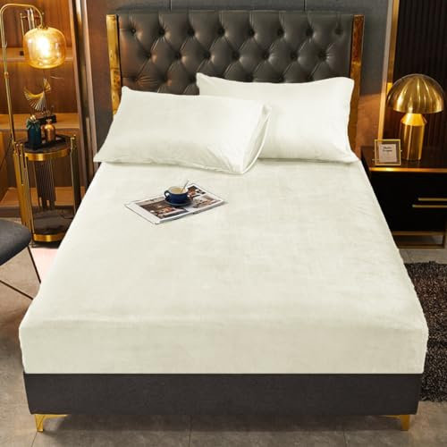 Sábana de felpa, 120 x 200 cm, beige, blanca, para invierno, cálida, acogedora, sábana bajera ajustable, franela de rizo, con diseño liso, para cama con somier y colchón alto