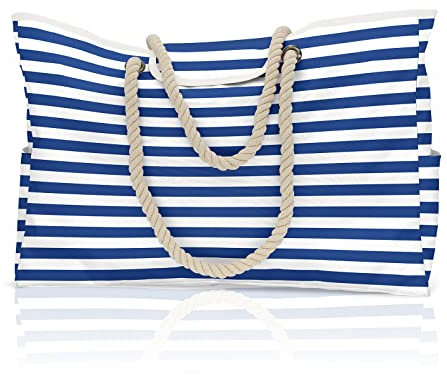 CORIOS Extra Große Strandtasche XXL Familie Shopper Schultertasche Beach Bag Handtasche Sommertaschen Damen für Strand Pool Fitnessstudio Reisen Blaue und Weiße Streifen