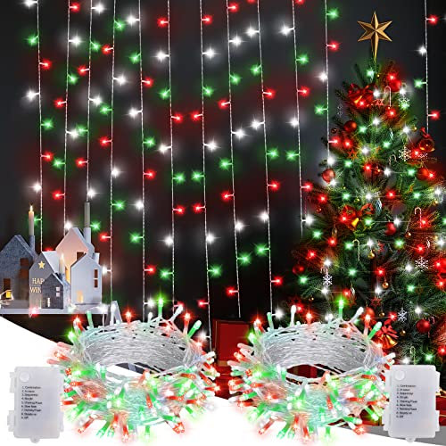 Weihnachts-Lichterkette, rot, weiß, grün, batteriebetrieben, 2 Stück, 100 LED-Lichterketten, 90 cm, transparenter Draht mit Timer, 8 Modi, für den Außenbereich, Girlande, Urlaubsdekoration