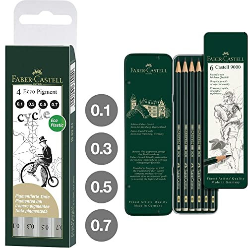 Faber-Castell 166004 - 4er Set Tintenschreiber ECCO-PIGMENT, wasserfest, Inhalt: 0,1 mm, 3 mm, 5 mm, 7 mm, schwarz & 119063 - Bleistift Castell 9000, 6er Etui