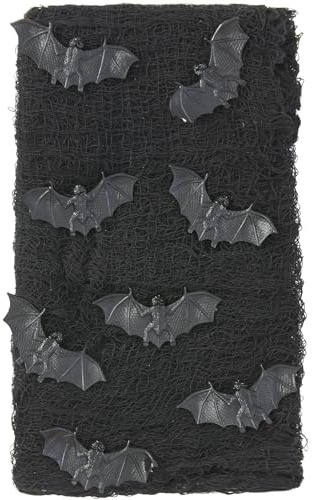 Smiffys Bat Creepy Cloth Kit with Bats & 4.5m x 61cm Draping Gauze, Halloween Fancy Dress Accessory, Bat Dress Up Party Goods