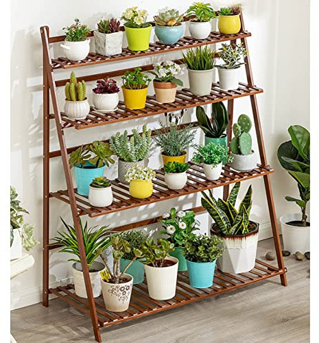 Support de plante pliant en bambou, Étagère pour pots de fleurs, patio de jardin intérieur extérieur, étagère debout à 4 niveaux 100 x 45 x 122 cm, étagères de rangement pour porte-fleurs multiples