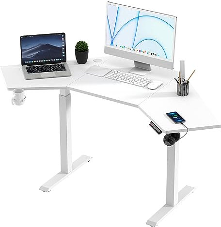 KOWO Elektrisch Höhenverstellbarer Schreibtisch L-förmig, Eckschreibtisch Gaming & Bürotisch Schreibtisch, Elektrischer Computertisch mit Touchscreen, Getränkehalter, Haken