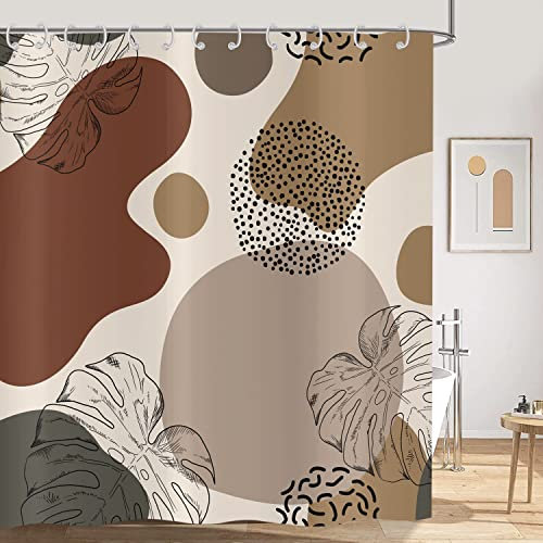 Hnmdmyi Rideau de Douche Boho 180x180, Abstrait Feuilles Tropicales Marron Rideau de Douche Moderne Minimaliste Géométrique Art Esthétique Rideau de Baignoire Étanche Tissu Lavable Rideau de Bain