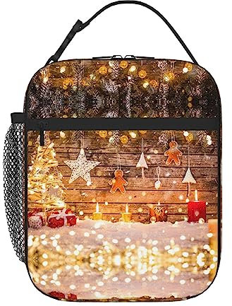 FRGMNT Tragbare isolierte Lunchtasche mit Weihnachtsbäumen, Kerzen-Druck, hält Ihr Mittagessen überall frisch