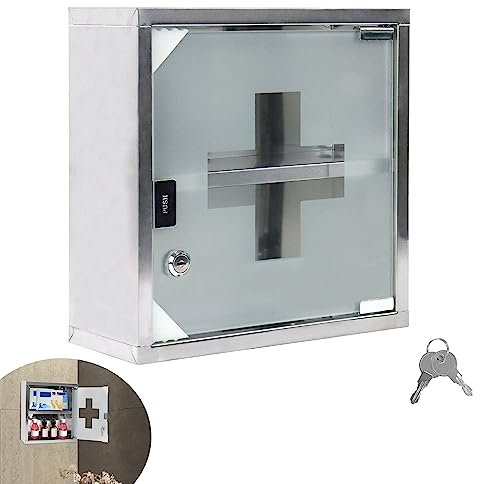 YRHome Botiquín de acero inoxidable con 2 compartimentos, puerta de cristal y cerradura, armario para medicamentos, 30 x 30 x 12 cm