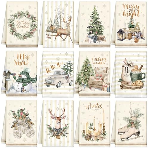 Weihnachtliche Küchentücher und Geschirrtücher, saugfähig, Weihnachtsbaum, Rentier, LKW, Dekoration, Weihnachten, Geschenk, 36 x 54 cm (niedlicher Stil), 12 Stück