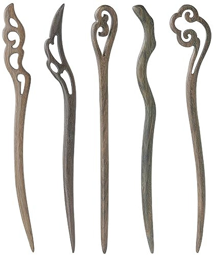 5 Piezas Palillos para El Cabello, Palillos de Pelo Chino, Palo de Pelo Madera, Palillos de Pelo Hecho Mano, Palos para el Cabello, Horquillas Talladas, Horquilla de ébano, para Accesorios Pelo(B)