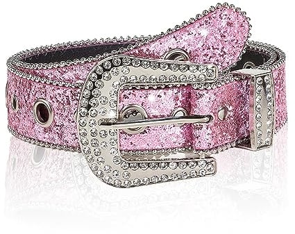 JK Home Glitzernder Strass, Western Cowgirl Goth Rock PU Gürtel, Bling Diamant Cowboy Leder Punk Gürtel für Damen Herren, Glänzender Pailletten-Bundgurt für Jeans Hosen Kleider, 3,8 cm, Rosa, 103cm