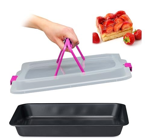Relaxdays Teglia con Coperchio, Pirofila Rettangolare, Casseruola Portatorte con Manici, 3in1, LxP 40,5 x 32,5 cm, Rosa, Acciaio