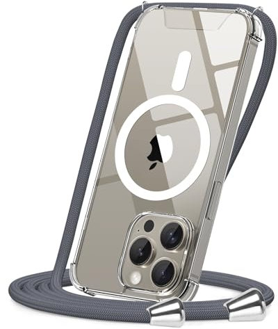 CAROKI Crossbody Lanyard Case for iPhone 15 Pro 6.1 inch, Magnetic Case Compatible with MagSafe Transparent Slim PC + TPU Clear Phone Case Cover with Lanyard Strap for iPhone 15 Pro-Grey