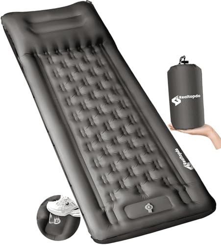 Realtopdo Camping Isomatte Selbstaufblasend 12CM Verdicktes Luftmatratze Camping mit Kissen und Fußpresse Pumpe, Wasserdicht Isomatte Aufblasbare Matratze für Wandern Reisen Strand(Grau)