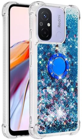 Handyhülle für Xiaomi Redmi A2 / A1 Hülle Glitzer 3D Bling Sparkle Treibsand Fließende Flüssigkeit TPU mit Rotating Ring Ständer Stoßfest Schutzhülle Case für Xiaomi Redmi A2 / A1 - Blue Heart