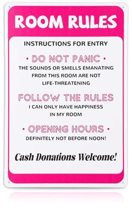 Room Rules Sign for Teen Girls, 12x8in Funny Pink Bedroom Decor Cute Gaming Room Door Decor Metal Tin Signs for Teen girls Room Dorm Wall Accessories