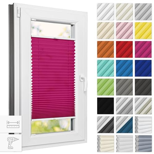 Estika Plissee mit Bohren 90 cm x 80 cm - Himbeere - Rollos für Fenster, Jalousien Fenster für innen, Raffrollo, Fensterplissee