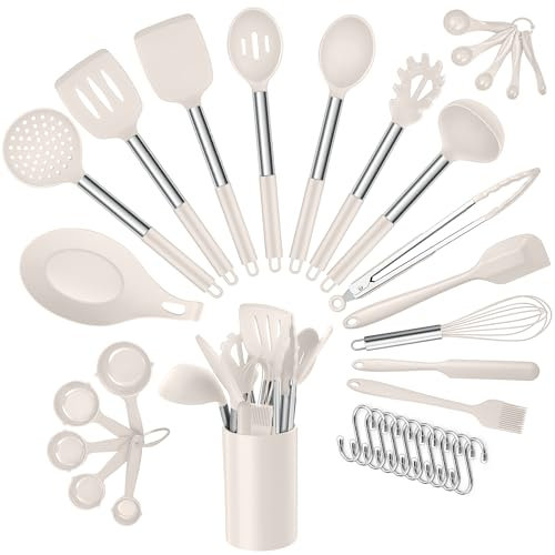 Joyfair Cooking Utensils Set, 34 Pcs Silicone and Stainless Steel Kitchen Utensil Set with Holder, Heat Resistant Kitchen Tool Accessories Include Spatulas Spoons Ladles for Non Stick Cookware, Khaki