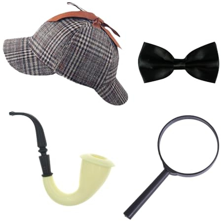 BORFUE 4Pcs Sherlock Holmes Costume Set Deerstalker Hat Magnifying Glass Look Pipe Tie for Masquerade Detective Party