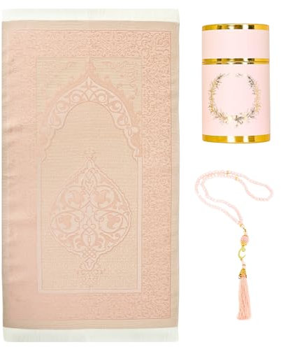 Prien Tapis de prière musulman avec Tasbih pour cadeaux islamiques, boîte cadeau islamique, ensemble de Ramadan pour homme et femme, Sajadah, élégant sac turc, tapis de prière doux pour l'Aïd (rose)