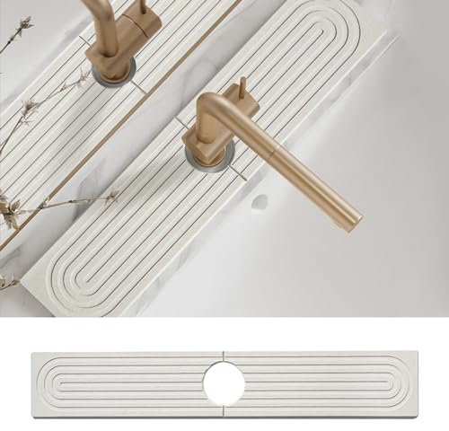 Diatomite Kitchen Faucet Mat - 16-Inch Kitchen Sink Splash Guard, Water Absorbing Stone Tray for Sink, Stone Fast-Drying Faucet Mat for Kitchen Counter Sink Accessories [White, 23.6'' x 3.9'']