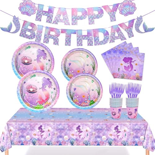 LCY WEDSHI 122Pcs Mermaid Birthday Party Decorations Supplies, Party Favors Disposable Dinnerware Set Including Tablecloth, Banner, Plates, Cups, Napkin, Fork, Ocean Party Decorations Serves 24 Guest