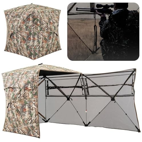 COSTWAY 3 Person Pop Up Hunting Blind, 270°/360° One Way See Through Camouflage Ground Tent with Carrying Bag, Hunting Blind Gear for Shooting Bird Watching (360° See Through, Fully Opened Door)