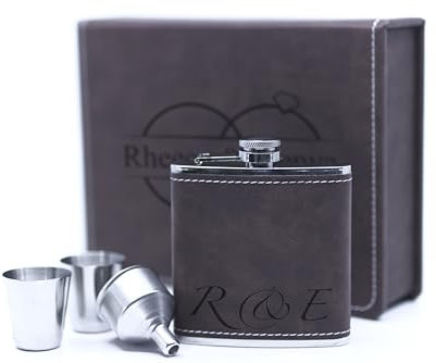 Engraved Hip Flask Gift Set, 6oz, Black/Silver, Personalized Design Options, Funnel Included (Script, 6oz Leather (Dark Brown))