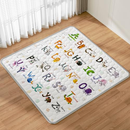 Lambluefly Krabbelmatte Baby 127x127cm, Verdickte Spielmatte Baby Faltbar mit 26 Buchstaben, Tierdrucke und Höhenlineal, Krabbeldecke für Baby Früherziehung, Anti Rutsch Matte, Maschinenwaschbare