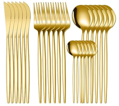 24-Piece Cutlery Set, Stainless Steel Flatware Set,Tableware Silverware Set for 6 with Spoon Knife and Fork Set Service,Dishwasher Safe/Easy Clean/Mirror Polished(Goldnew-Rounded)