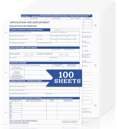 Lot de 50 dossiers de candidature bilingue 21,6 x 27,9 cm – Formulaire de demande d'emploi – Carnet de demande d'emploi – Carnet de 3 trous en anglais et espagnol pour détails personnels – Fournitures