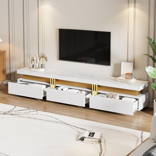 Moderner Lowboard TV-Schrank mit Marmor-Optik, TV-Board, TV-Kommode, 200 x 40 x 42 cm – Für Fernseher bis 90 Zoll, DREI Schubladen und 1 Kabelmanagement