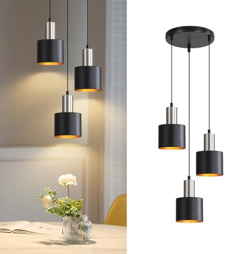 Lichtmaler Hängeleuchte Esstisch Pendelleuchte Schwarz - Esszimmerlampe Vintage Hängelampe 3 Flammig E27 Küchenlampe Hängend Gold Kücheninsel Höhenverstellbar Industrielampe Ohne Leuchtmittel
